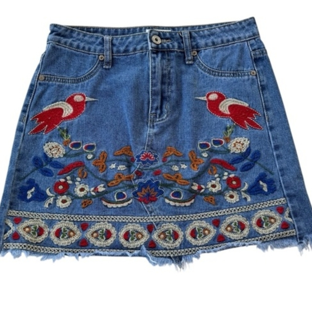 Umgee Blue Denim Skirt with Red and White Embroidery